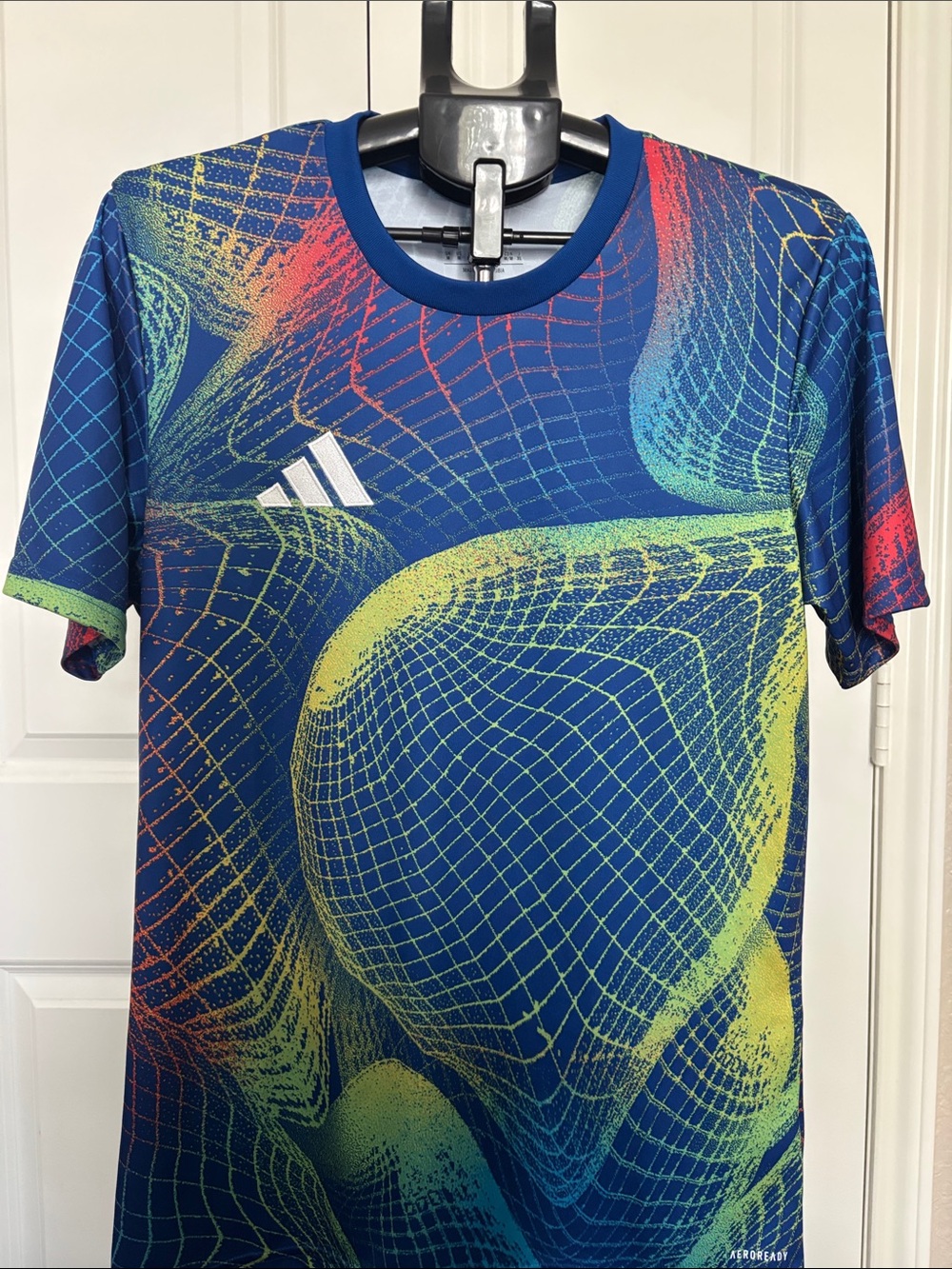 adidas Blue Short Sleeve Graphic Athletic Tee with Neon Accents